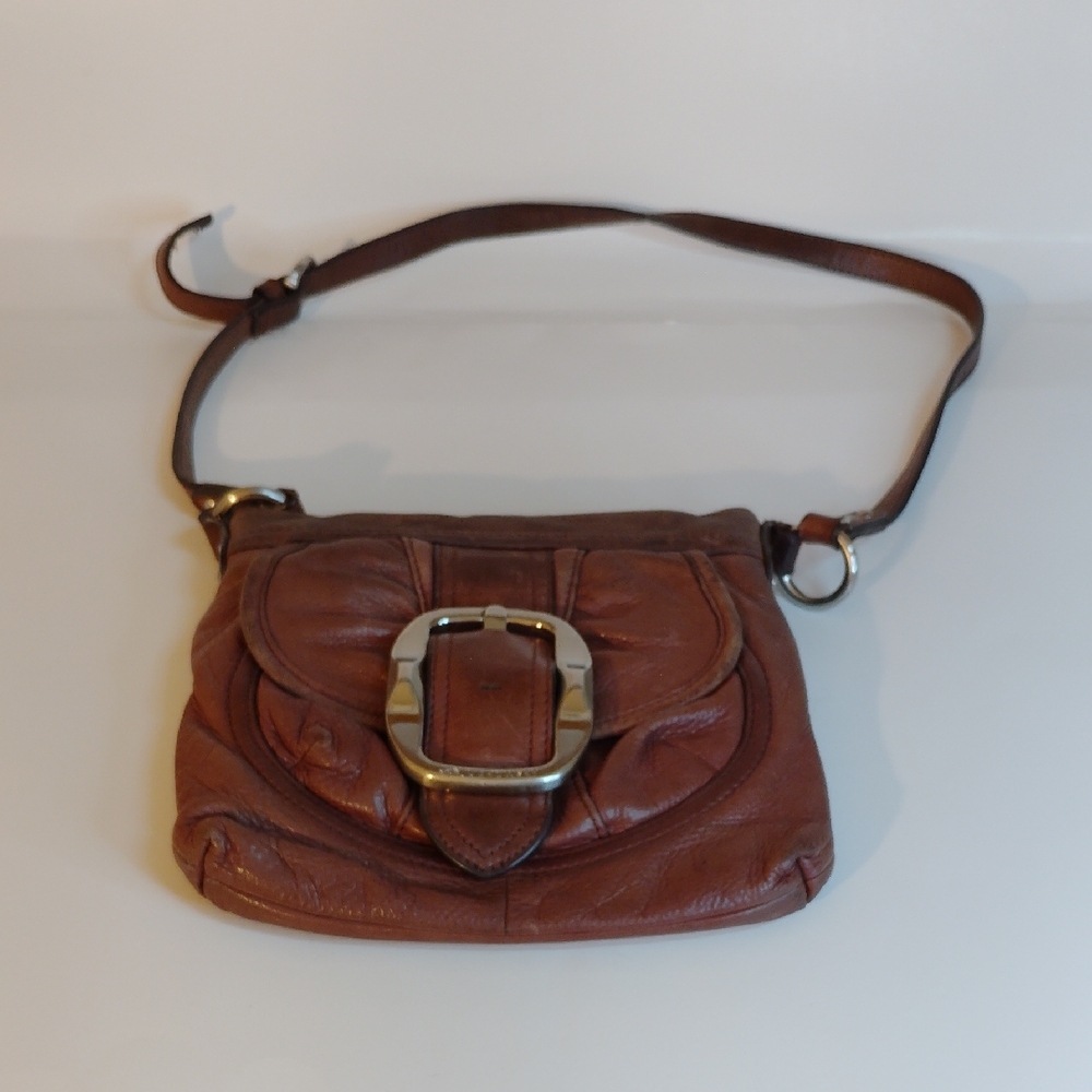 b. makowsky Brown Leather Crossbody with Silver Buckle